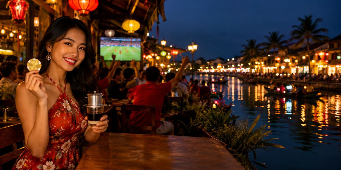 Người dùng tại Hội An xem tỷ lệ kèo trận đấu trên điện thoại trong lúc uống cà phê sáng