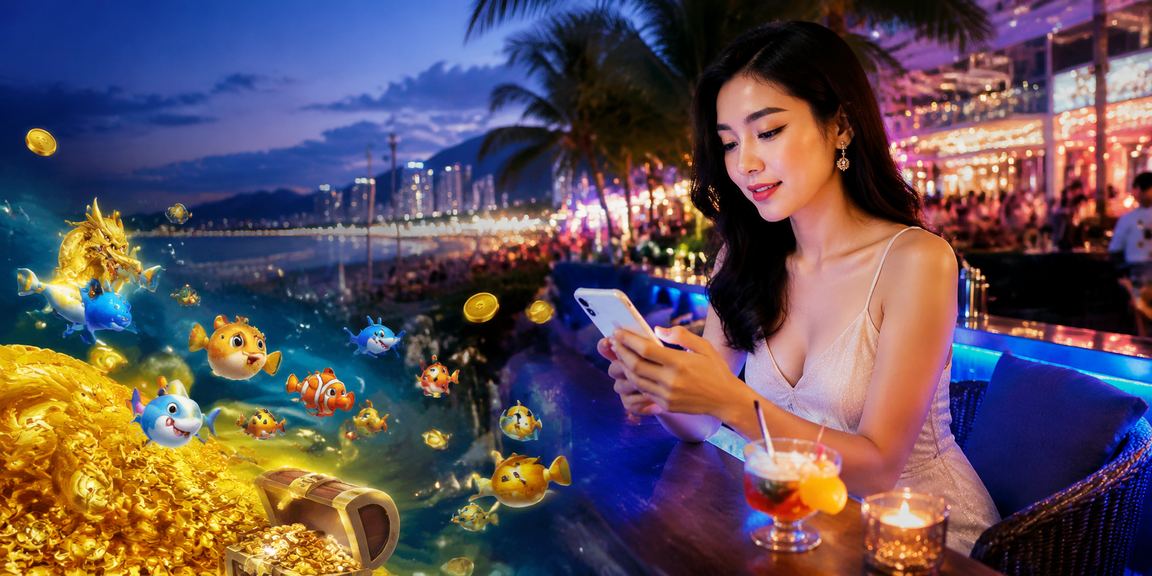 Người dùng xem kèo bóng đá trực tuyến trên điện thoại tại bãi biển Nha Trang buổi chiều tà